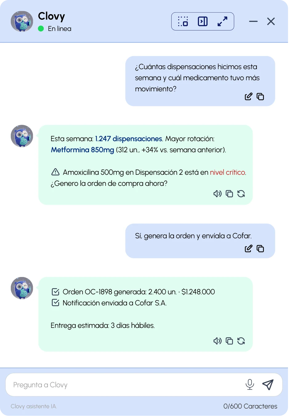 Conversación con Clovy™: consulta de dispensaciones, alerta de stock crítico y generación automática de orden de compra